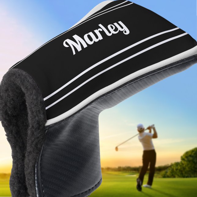 Funda Para Palo De Golf Monograma Deportivo Golfer para Personalizado blan (Black & White Custom Golfer Sports Monogram Black Golf Head Cover)