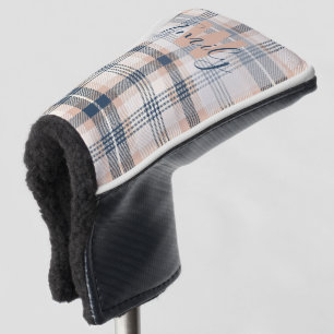 Funda Para Palo De Golf Monograma elegante de la crema azul de Tartán