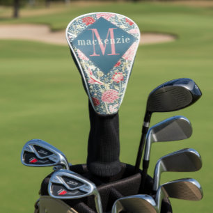 Funda Para Palo De Golf Monograma elegante floral rosa azul William Morris