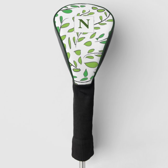 Funda Para Palo De Golf Monograma Elegante Patrón de hojas verdes acuática (Anverso)