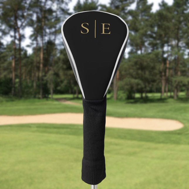 Funda Para Palo De Golf Monograma Elegante Personalizada en Negro y Dorado (Black And Gold Custom Elegant Monogram Golf Head Cover)