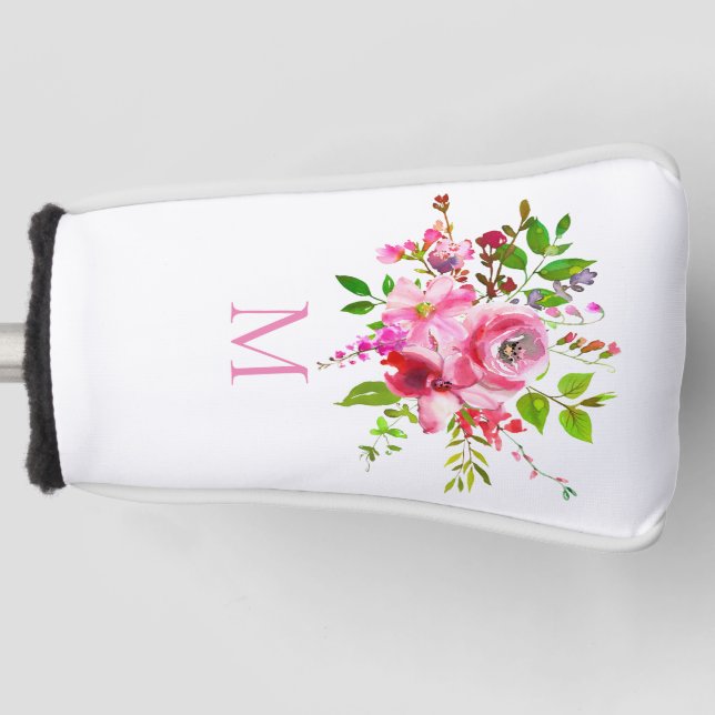 Funda Para Palo De Golf Monograma floral acuático de jardín rosado (Anverso)