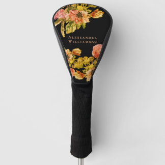 Funda Para Palo De Golf Monograma Floral Retro Boho Negro Melocotón Acuare