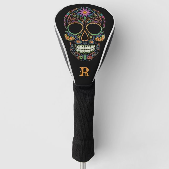 Funda Para Palo De Golf Monograma inicial del Neon Sugar Skull Day of the  (Anverso)