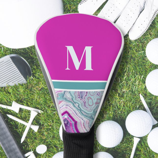 Funda Para Palo De Golf Monograma inicial moderno elegante (Modern Turquoise Magenta Agate Initial Monogram Golf Head Cover)