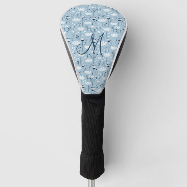 Funda Para Palo De Golf Monograma Inicio Boho Azul Flores Blancas Trendy (Anverso)