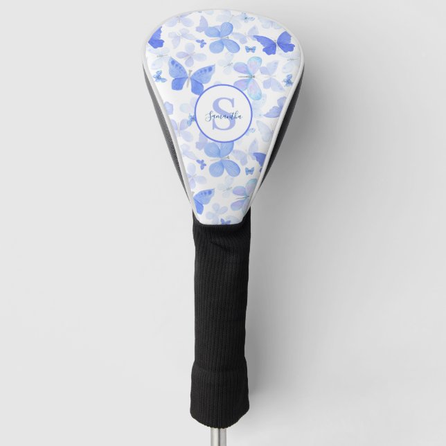 Funda Para Palo De Golf Monograma moderno de mariposa azul (Anverso)