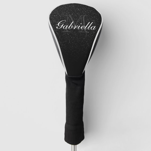 Funda Para Palo De Golf Monograma negro del purpurina (Anverso)