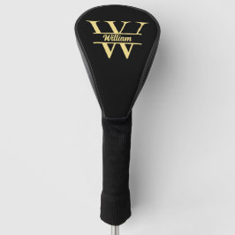 Funda Para Palo De Golf  Monograma negro y dorado | Escritura inicial eleg