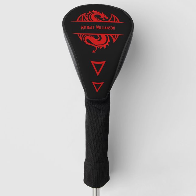 Funda Para Palo De Golf Monograma Negro Y Rojo Del Vector Dragón (Anverso)