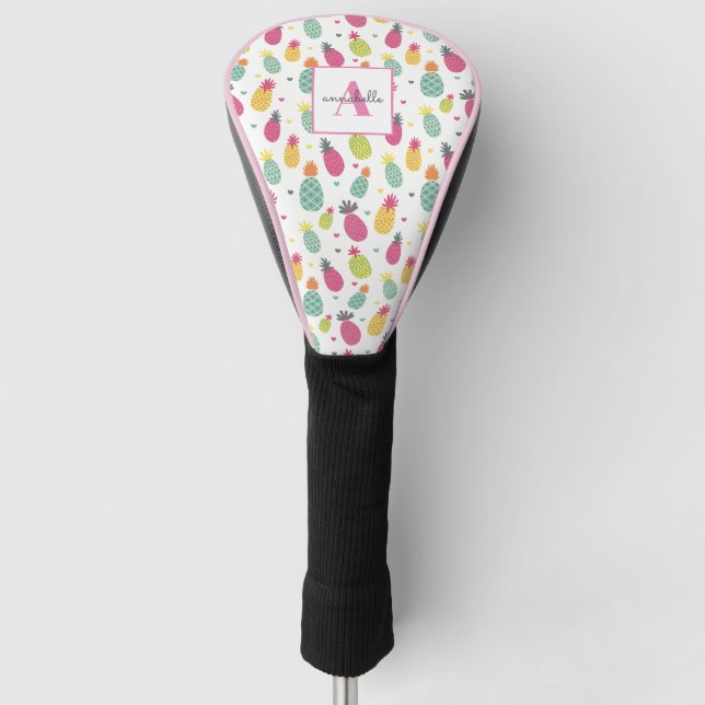 Funda Para Palo De Golf Monograma Patrón inicial de piña de fruta tropical (Anverso)