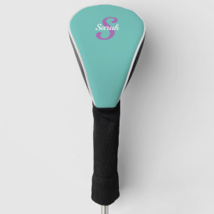 Funda Para Palo De Golf Monograma púrpura y nombre blanco en luz Verde azu