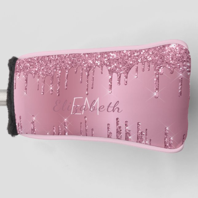 Funda Para Palo De Golf Monograma Purpurina de goteo rosado metálico Girly (Anverso)
