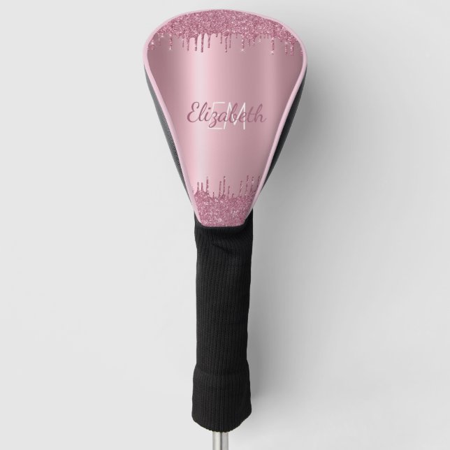 Funda Para Palo De Golf Monograma Purpurina de goteo rosado metálico Girly (Anverso)