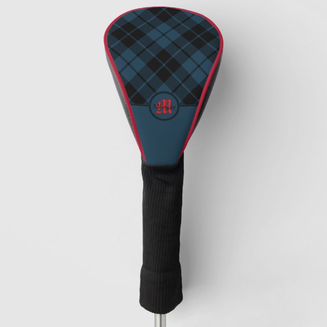 Funda Para Palo De Golf Monograma rojo plateado escocés azul (Anverso)