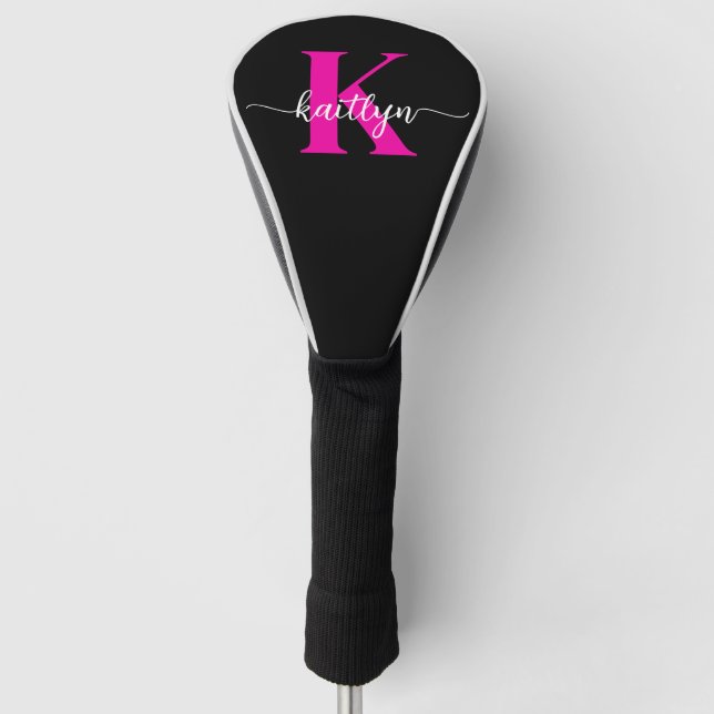 Funda Para Palo De Golf Monograma Rosa Caliente Negro (Anverso)