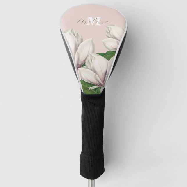 Funda Para Palo De Golf Monograma rosa de la Magnolia floral giratoria (Anverso)