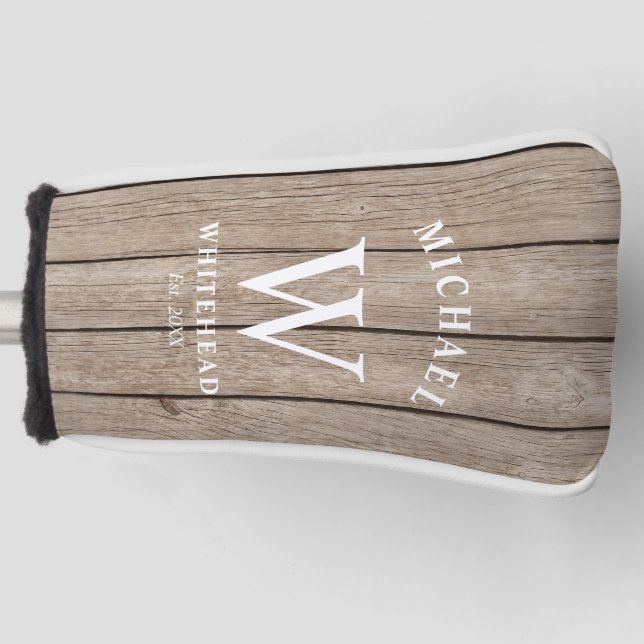Funda Para Palo De Golf Monograma Rústico Tan Wood (Anverso)