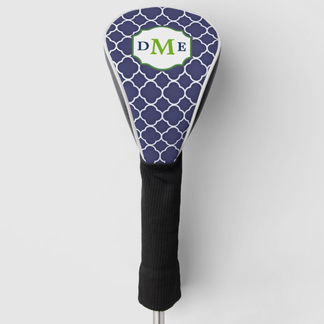 Funda Para Palo De Golf Monograma verde azul de la Marina Quatrefoil (Anverso)