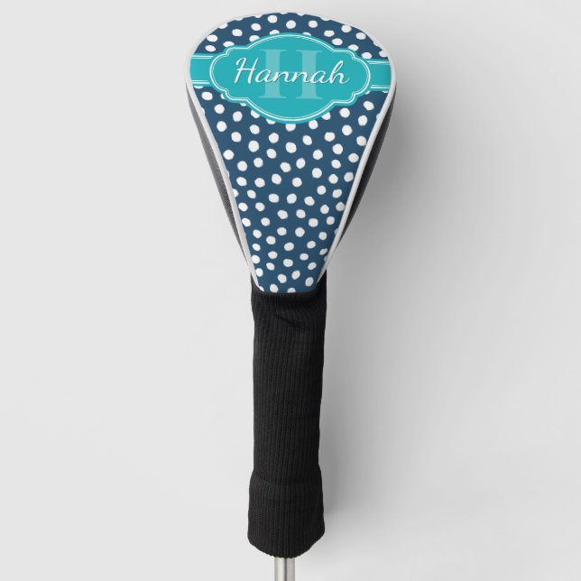 Funda Para Palo De Golf Monograma Verde azulado del patrón blanco punteado (Anverso)