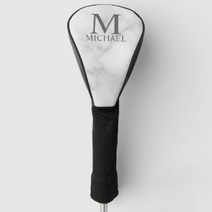 Funda Para Palo De Golf Monograma y nombre personalizados de mármol blanco