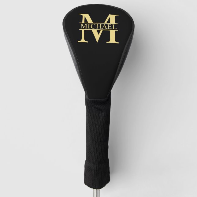 Funda Para Palo De Golf Monograma y nombre personalizados en negro y oro (Anverso)