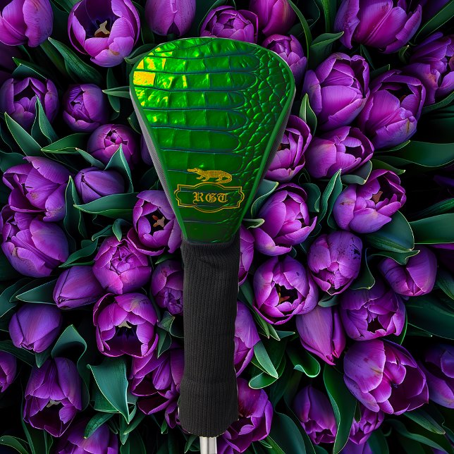 Funda Para Palo De Golf Monogramado de cocodrilo de imitación verde de luj (Stylish Vivid Green Faux Croc Golf Head Cover )