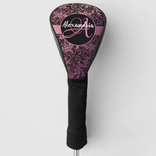Funda Para Palo De Golf Moody Dark Floral sobre Monograma Rosa (Anverso)