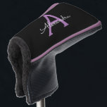 Funda Para Palo De Golf Morado Black Script Girly Monograma Nombre<br><div class="desc">Cubierta del putter de golf con el nombre de monograma simple negro y púrpura. Esto hace que el dulce perfecto cumpleaños 16,  boda,  ducha de novia,  aniversario,  ducha de bebé o fiesta de soltera sea regalo para alguien que ama el lujo glam y los estilos de moda.</div>