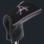 Funda Para Palo De Golf Morado Black Script Girly Monograma Nombre<br><div class="desc">Cubierta del putter de golf con el nombre de monograma simple negro y púrpura. Esto hace que el dulce perfecto cumpleaños 16,  boda,  ducha de novia,  aniversario,  ducha de bebé o fiesta de soltera sea regalo para alguien que ama el lujo glam y los estilos de moda.</div>