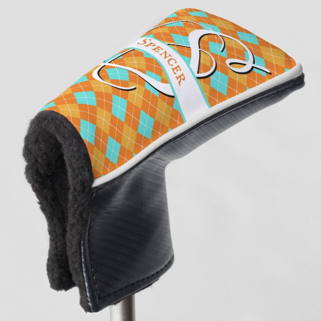 Funda Para Palo De Golf Naranja y Turquoise Argyle Preppy (Anverso 3/4)