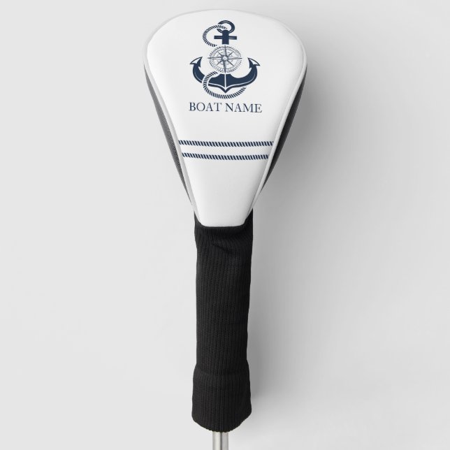Funda Para Palo De Golf Nautical Navy Blue Anchor Nombre del barco (Anverso)