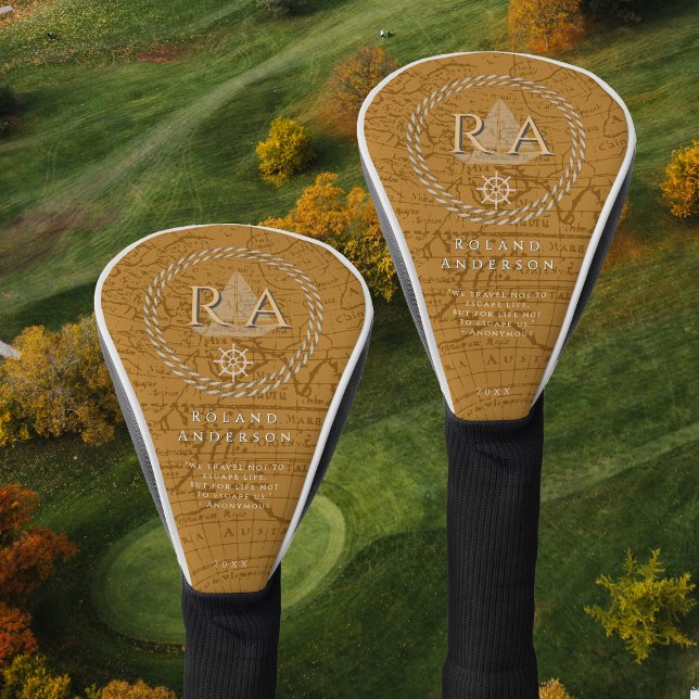 Funda Para Palo De Golf Nautical Rope Monogram Map Brown (Nautical Map Monogram Traveller Brown Golf Head Cover.)