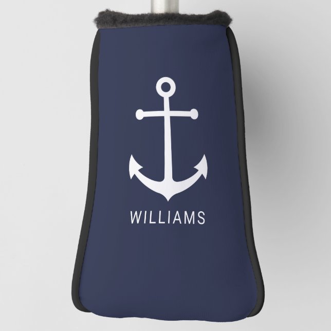 Funda Para Palo De Golf Nautical White Anchor y nombre personalizado en az (Girar 90)