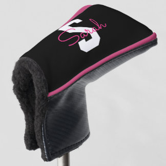 Funda Para Palo De Golf Nombre Bonito & Monograma | Negro Blanco & Rosa