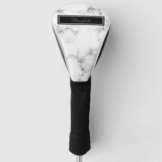 Funda Para Palo De Golf Nombre con monograma de plata negro de mármol (Anverso)