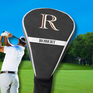 Funda Para Palo De Golf Nombre de monograma de textura de cuero negro