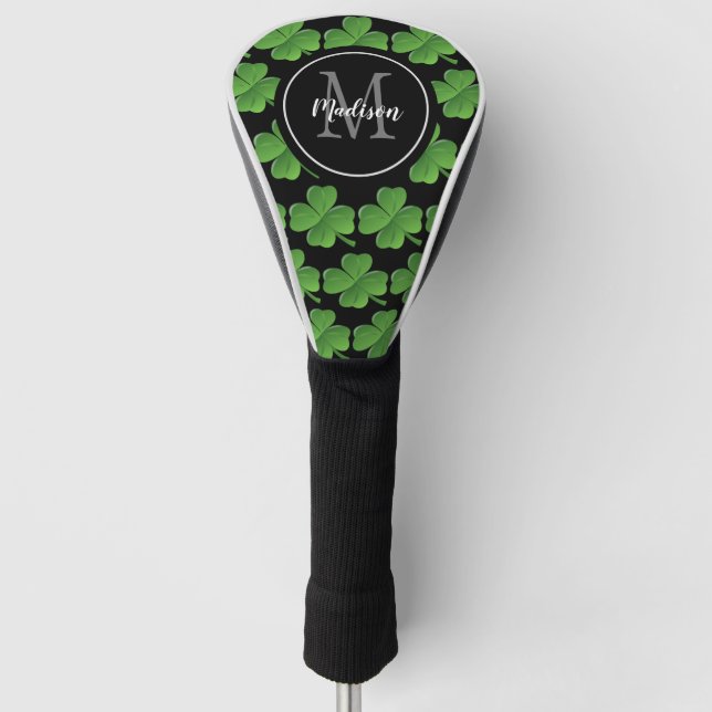 Funda Para Palo De Golf Nombre de monograma del patrón de Shamrock verde (Anverso)