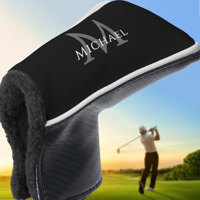 Funda Para Palo De Golf Nombre de Monograma Personalizado Inicial Negro Gr (Personalized Monogram Name Initial Black Gray Golf Head Cover)