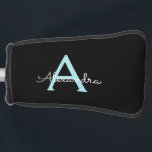 Funda Para Palo De Golf Nombre del Monograma de la Girona del Guión Azul V<br><div class="desc">Cubierta del putter de golf Black and Aqua Blue Simple Script Monograma Nombre Negro y Aqua Azul Verde azulado. Esto hace que el dulce perfecto cumpleaños 16, boda, ducha de novia, aniversario, ducha de bebé o fiesta de soltera sea regalo para alguien que ama el lujo glam y los estilos...</div>