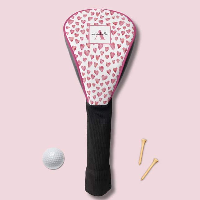 Funda Para Palo De Golf Nombre del Monograma del Corazón Rosa (Pink watercolor love heart gold head cover)