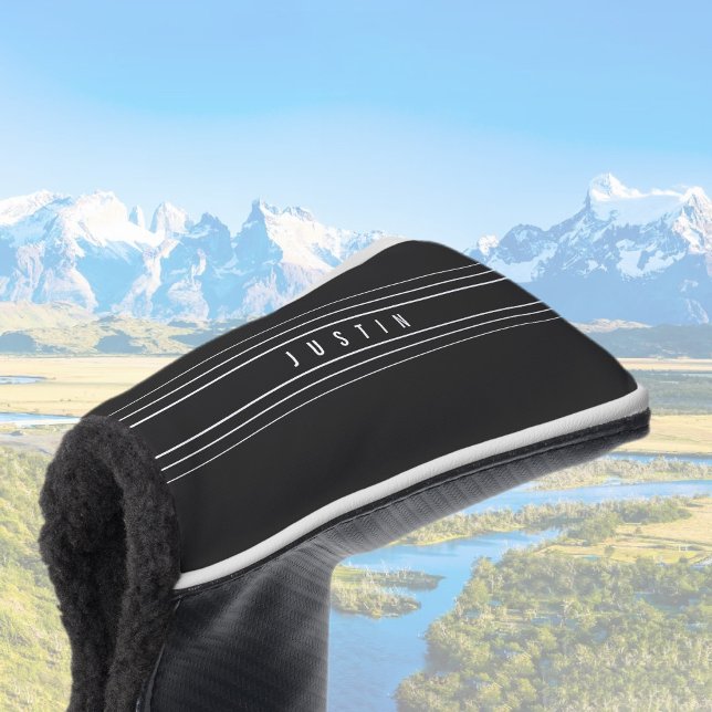 Funda Para Palo De Golf Nombre editable y bandas geométricas | Blanco y ne (Subido por el creador)