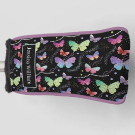 Funda Para Palo De Golf Nombre personal Elegante Morado Brillante Mariposa