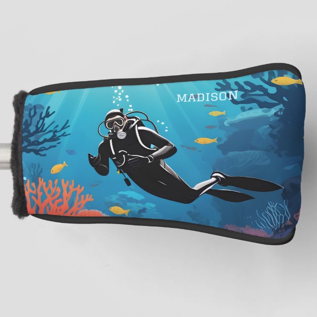 Funda Para Palo De Golf Nombre personalizado Buceador Scuba (Anverso)