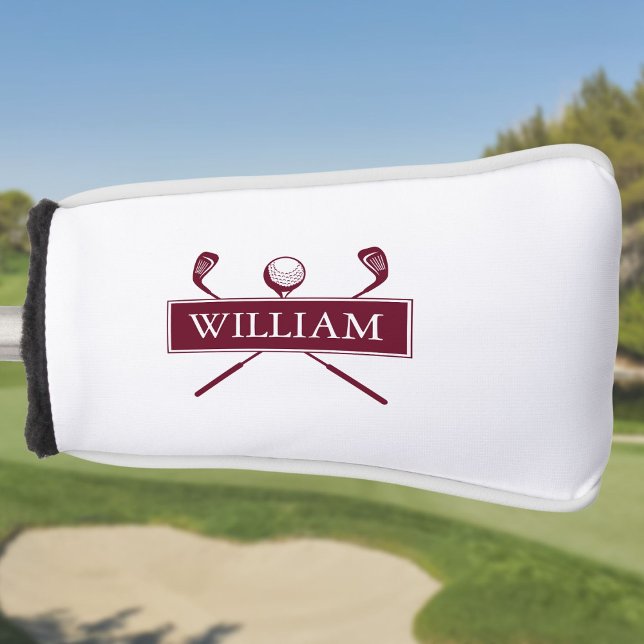 Funda Para Palo De Golf Nombre Personalizado Clubes De Borgoña Y Bolas (Custom Name Burgundy Clubs And Ball Golf Head Cover)