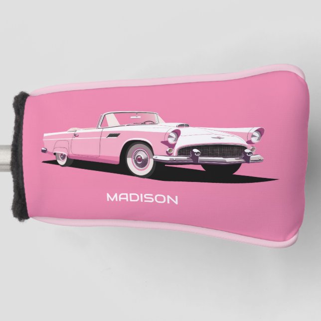 Funda Para Palo De Golf Nombre personalizado Coche clásico rosado (Anverso)