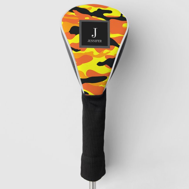 Funda Para Palo De Golf Nombre personalizado de Camo Naranja brillante (Anverso)