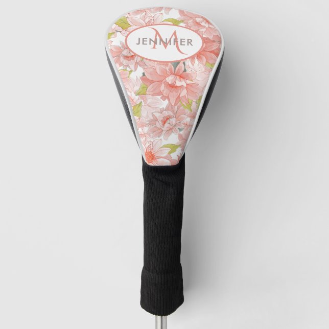 Funda Para Palo De Golf Nombre personalizado del monograma floral rosa (Anverso)
