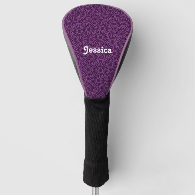 Funda Para Palo De Golf Nombre personalizado flores moradas en negro (Anverso)
