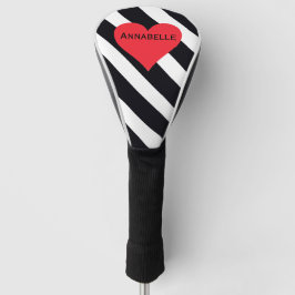 Funda Para Palo De Golf Nombre personalizado moderno B y W de corazón rojo